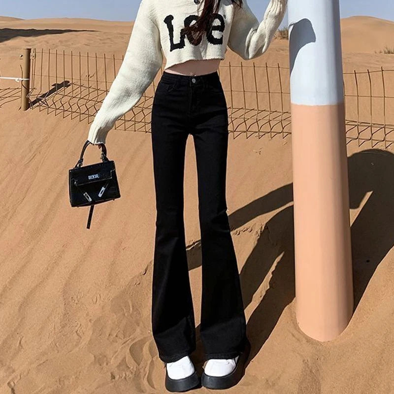 2024 Woman High Waist Vintage Flare Jeans Female Elastic Bell Bottom Pants Girls Black Brown Deep Blue Light Blue Denim Trousers