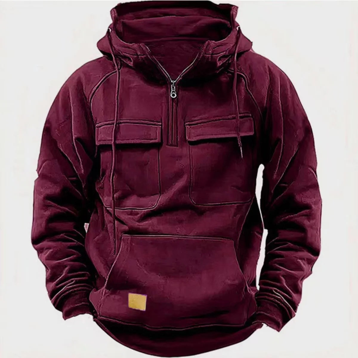 New autumn-winter men's hooded solid-color casual hoodie - fashionable young man's multi-pocket patch hoodie pullover shirt