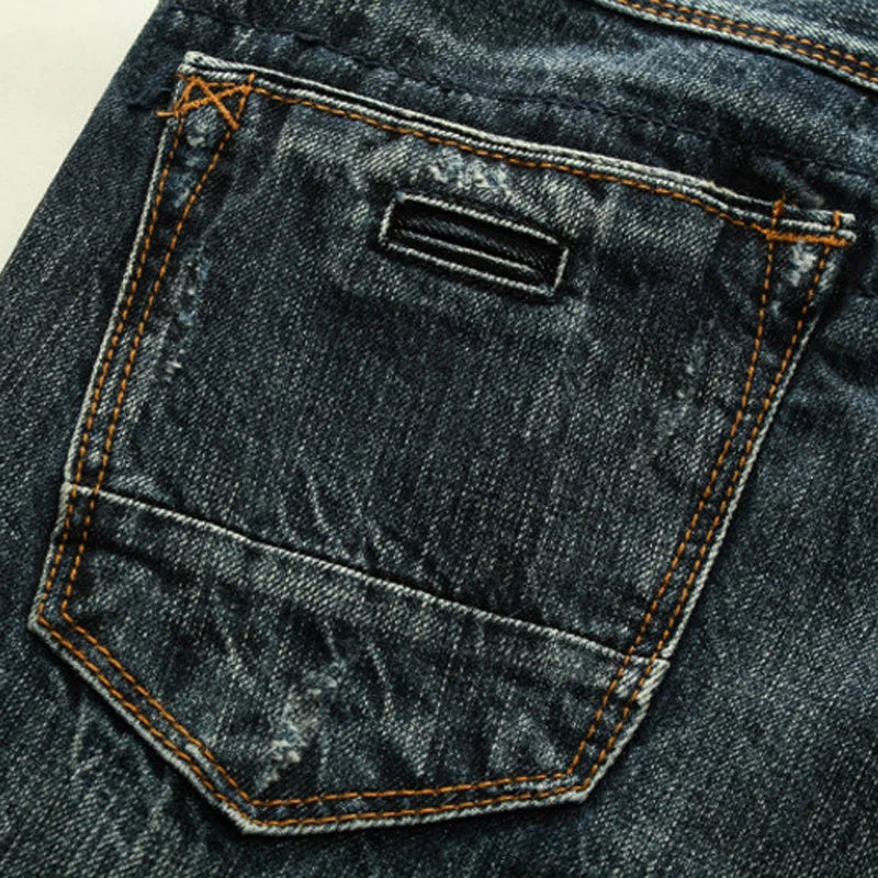 Men Jeans Retro Green Blue Slim Fit Ripped Jeans Men Trousers