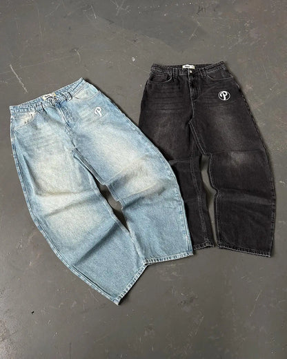 Retro casual men clothing black baggy jeans y2k hip hop streetwear