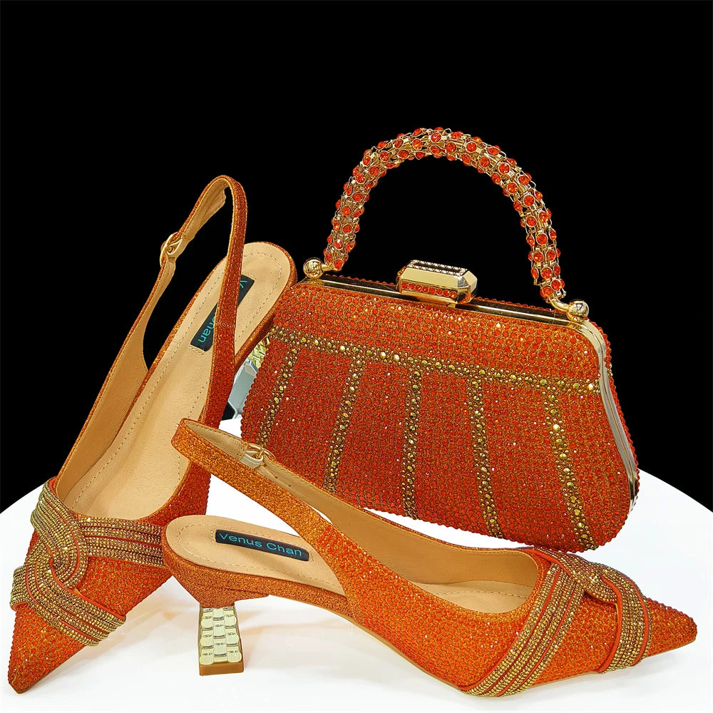 Women Shoes and Bag Set Champagne Color Rhinestone Handbag