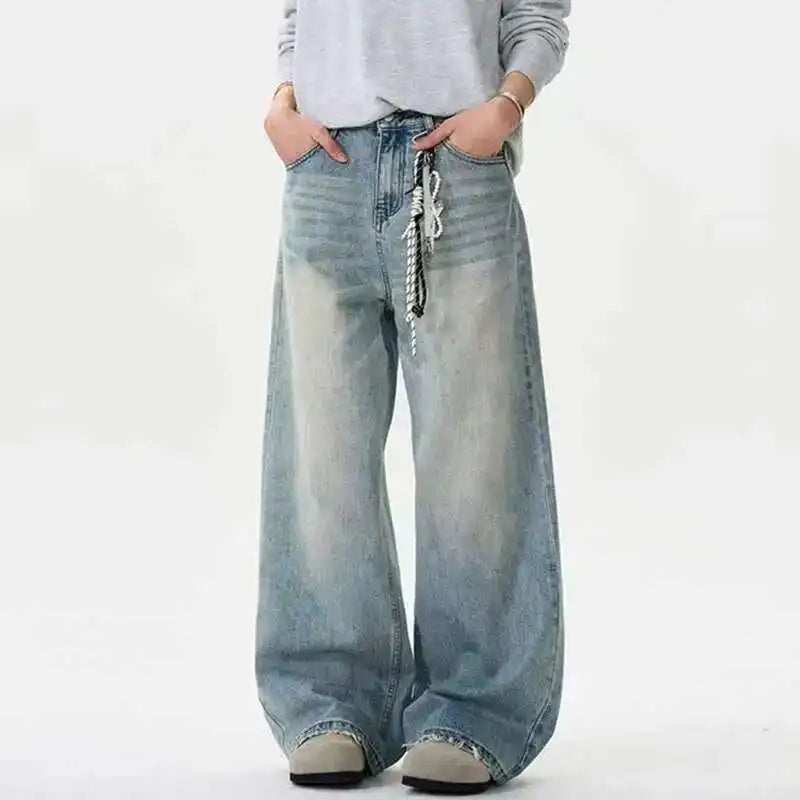 IEFB Distressed Jeans Solid Color Washing Summer Men Trousers Loose Wide Leg Casual Straight Moustache Effect Male Bottom 9W665