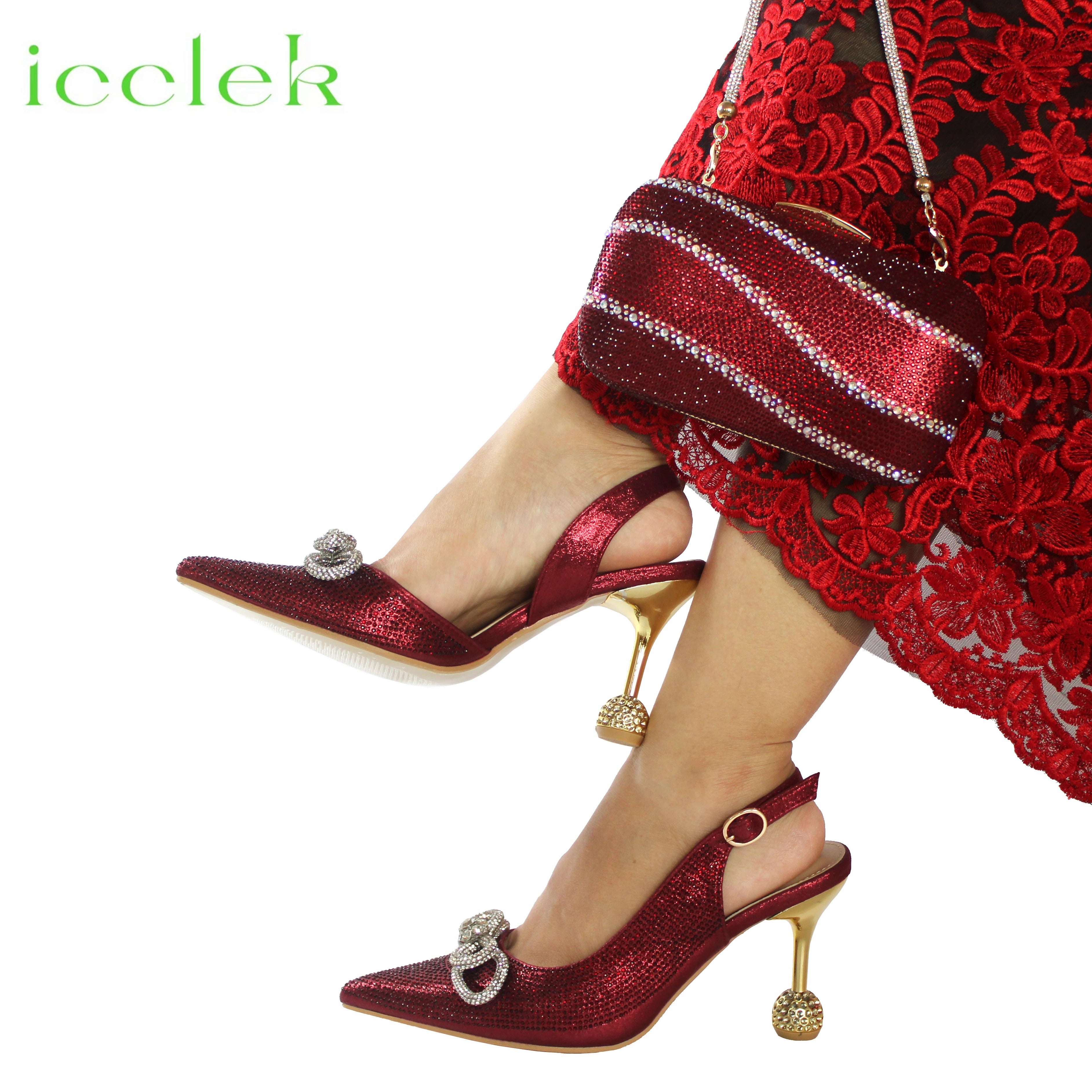 Wine Color Crystal Decoration Style Round Heels Friends Party Sandals and Bags