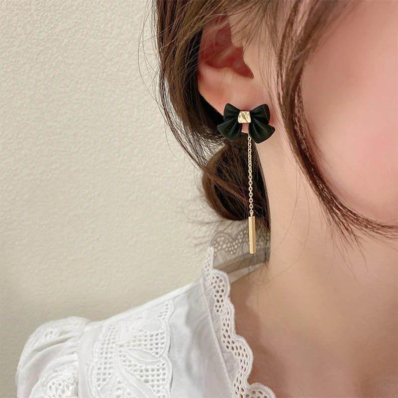 Black Bowknot Chain Tassel Long Pendant Earrings for Women