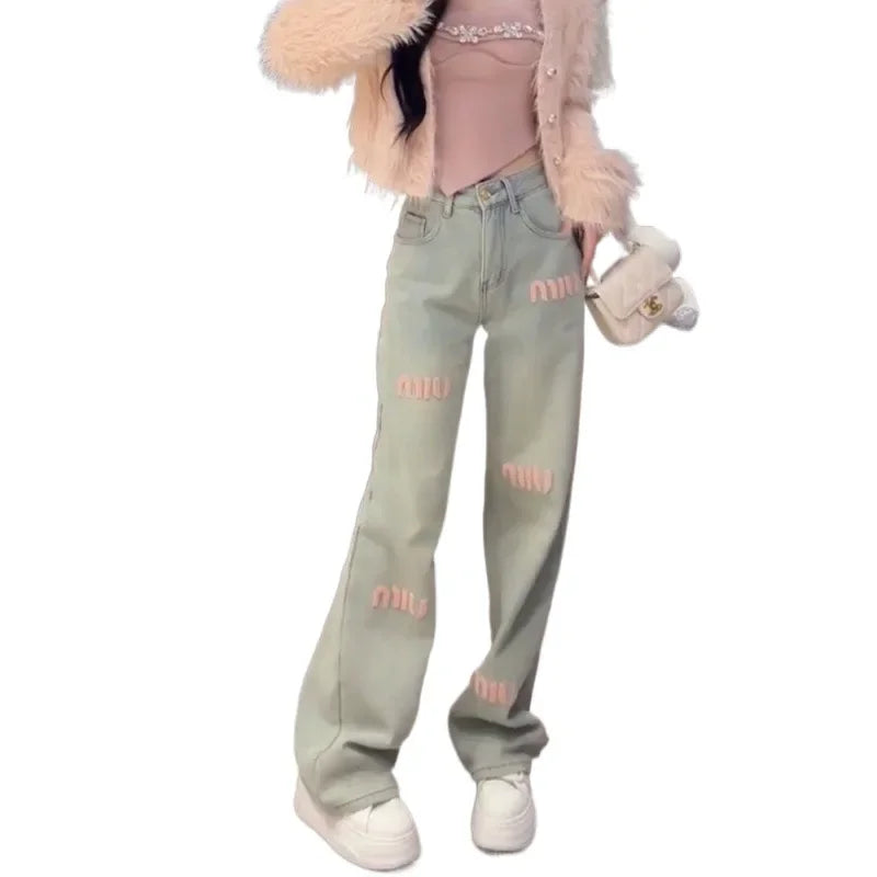 2024 Korean Style Casual Jeans For Women Spring Summer New Slimming Bell Bottoms Design Sensibility Straight-leg Pants Trendy