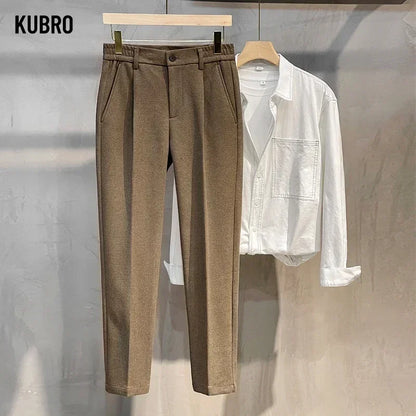 Men Thick Business Elastic Waist Classic Grey Brown Woolen Trousers Male