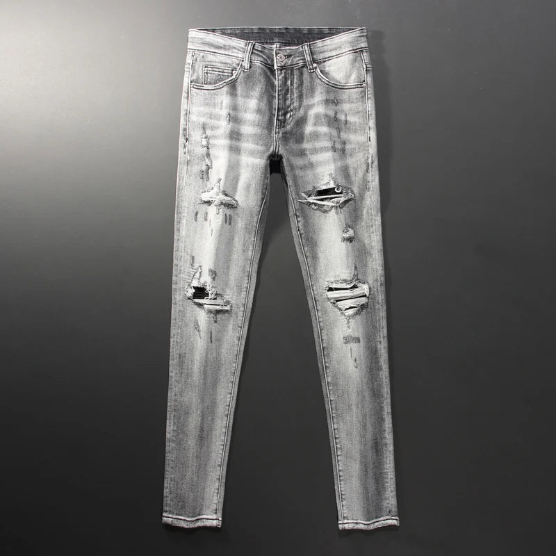 Men Jeans Retro Gray Elastic Stretch Skinny Ripped Jeans