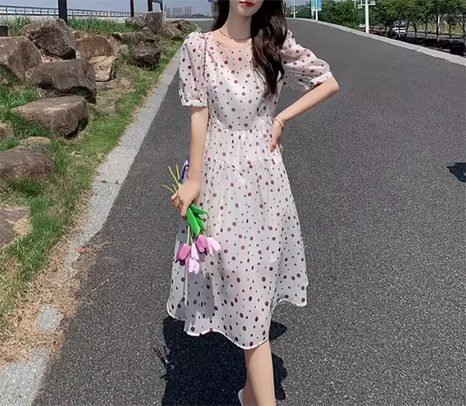 Purple polka dot chiffon dress for women