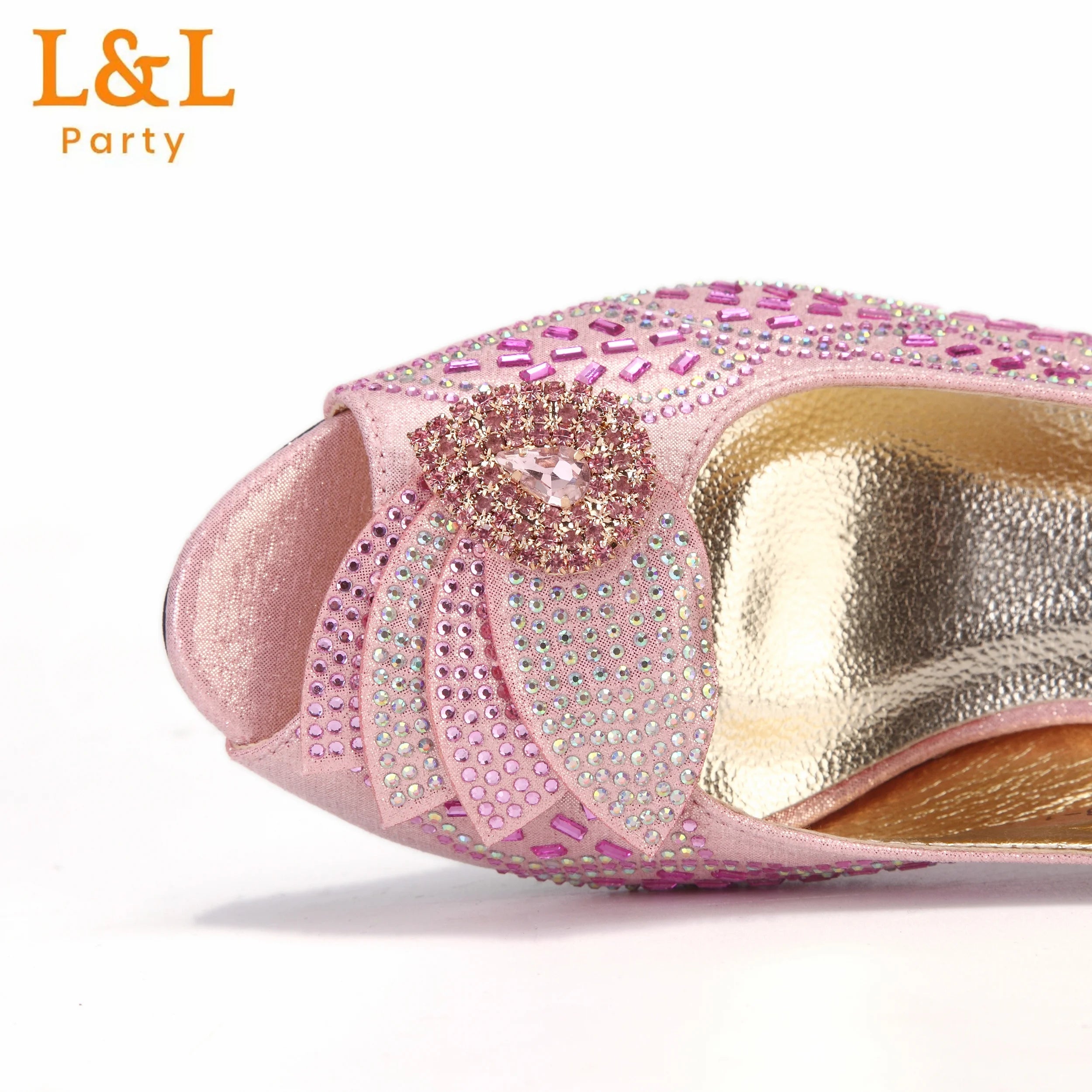 Low Heels Pumps Matching Hand Bag in Champagne Color High Quality for Wedding