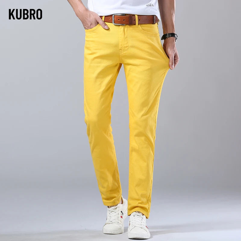 2024 Autumn New Men's Bright Stretch Fit Jeans Trendy Denim Straight-leg Trousers Male Red Lake Blue Yellow Trousers