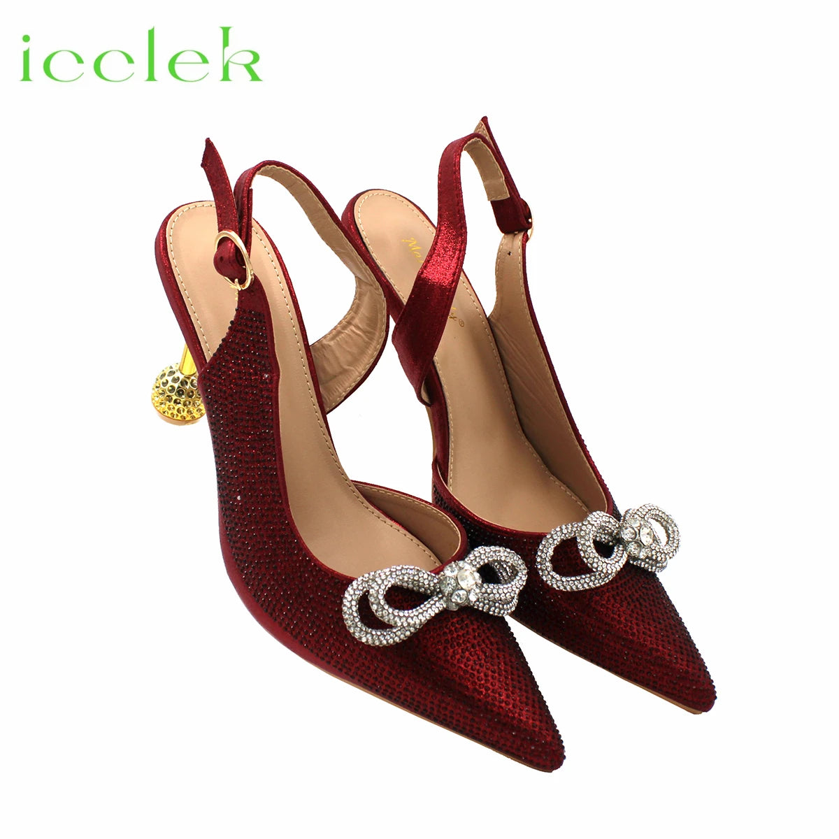 Wine Color Crystal Decoration Style Round Heels Friends Party Sandals and Bags