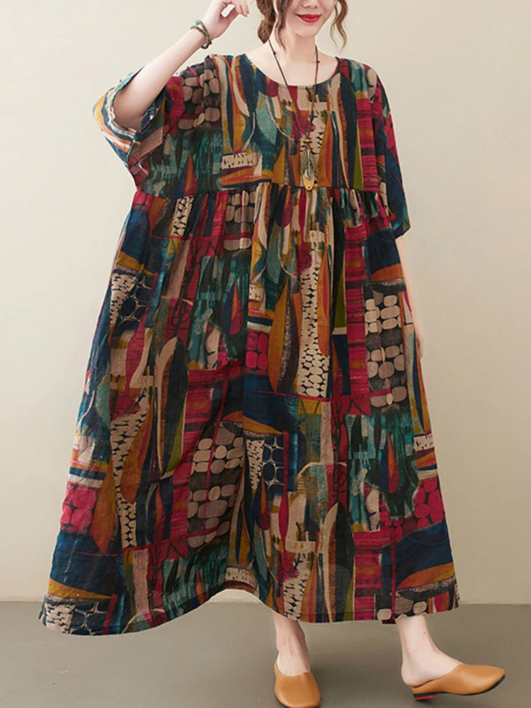 Short Sleeve Cotton Linen Vintage Print Summer Long Dresses For Women 2025 Casual Loose Holiday Ladies Dress Elegant Clothes