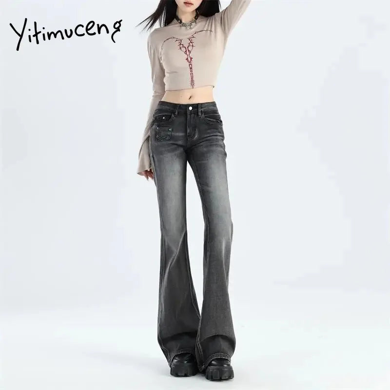 Yitimuceng Vintage Y2K Flared Jeans Women Korean Button-Up Low Rise Casual Denim Pants Female Elastic Slim Fit Jean Trousers