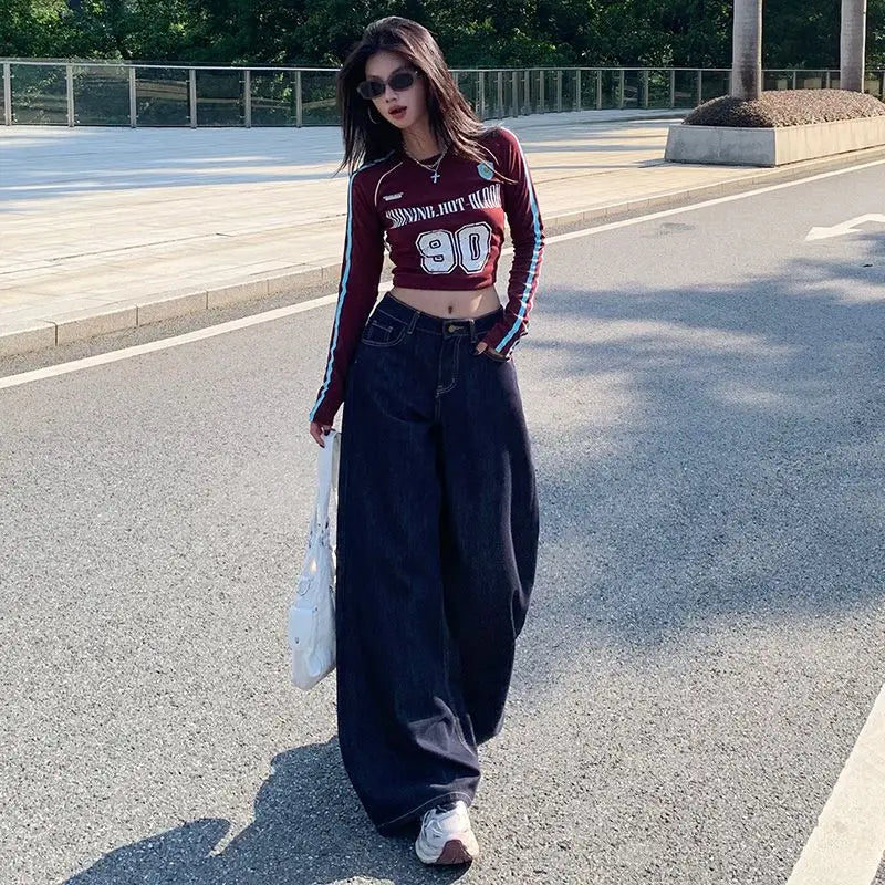 Lucyever Vintage Washed Wide Leg Jeans Women Deep Blue High Waist Baggy Y2K Denim Pants Lady Streetwear Casual Straight Trousers