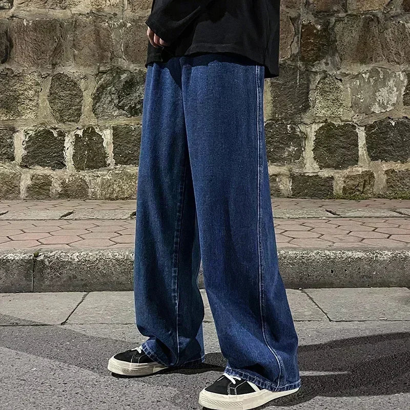 2025 New Korean Men's Casual Long Jeans Classic Man Straight Denim Wide-leg Pants Solid Color Light Blue Grey Black
