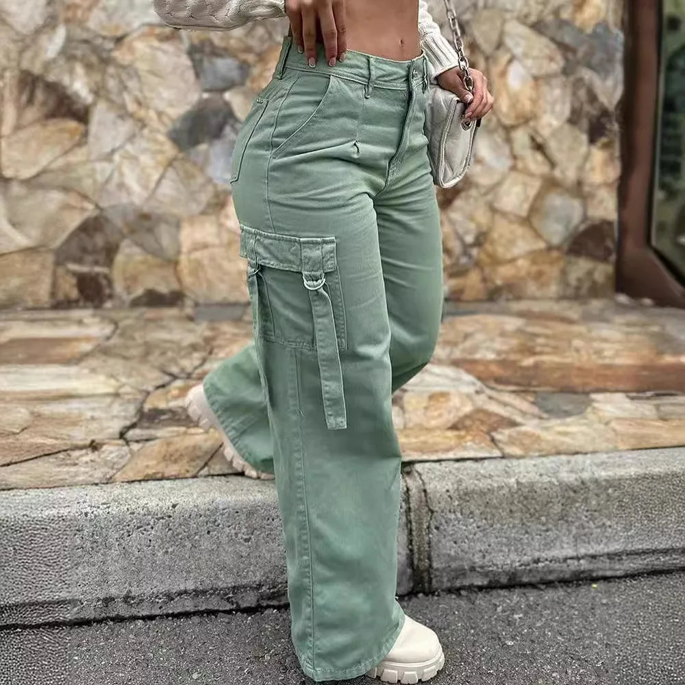 White Elegant Cuffed Cargo Pants Spring Summer Hollow Out High Waist