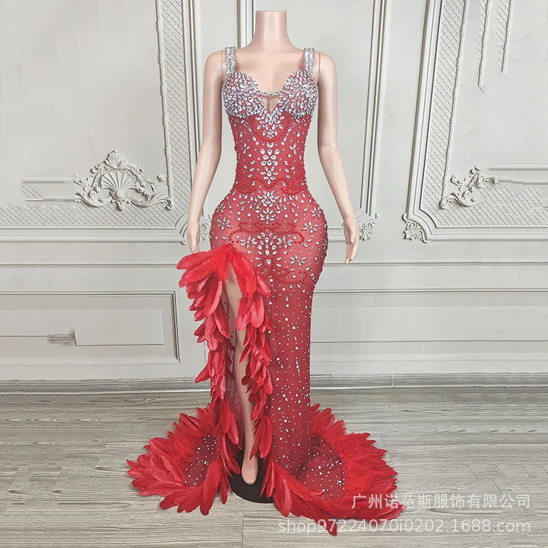 Exquisite Formal Prom Dress Elegant Red Feathers rhinestone Slit luxury Gowns