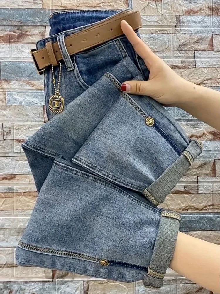 2023 NEW Spring Autumn High Waist Straight Jeans Loose Fit Stretch Haren Denim Pants Ladies Ankle-Length Jeans Pants