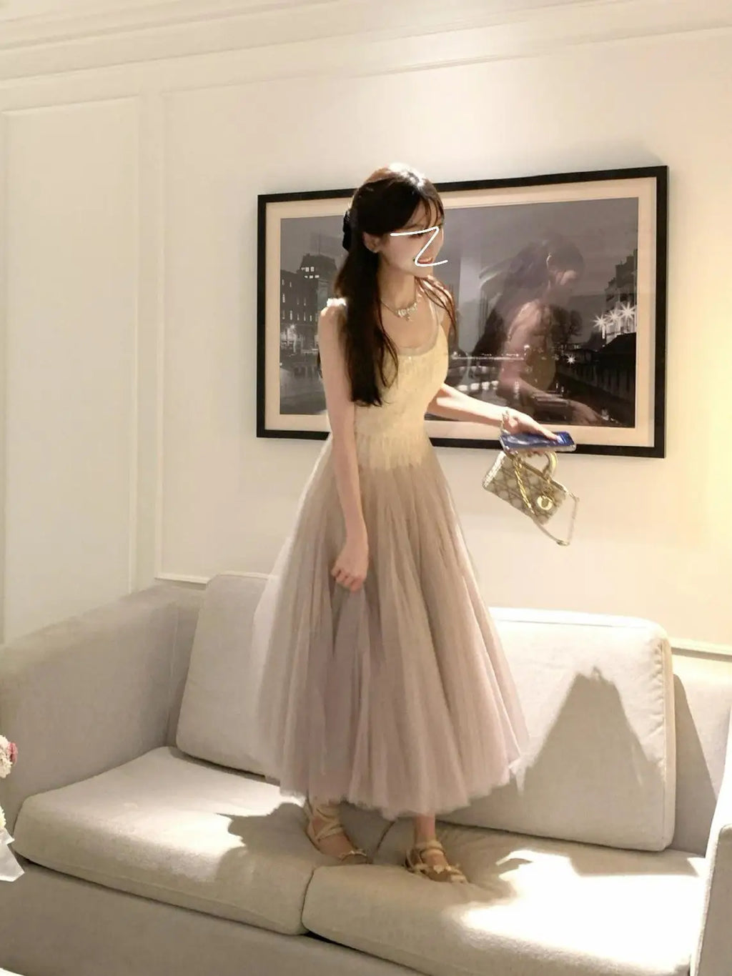 High Quality Gradient Camisole Dresses Spring Women Sleeveless Square Neck Mesh Dress Summer High Waist Zipper Knee Length Dress