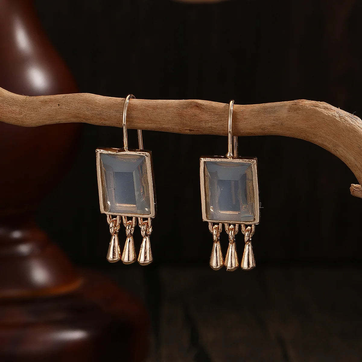 Dazzling Gold Color Square Whhite Stone Earrings