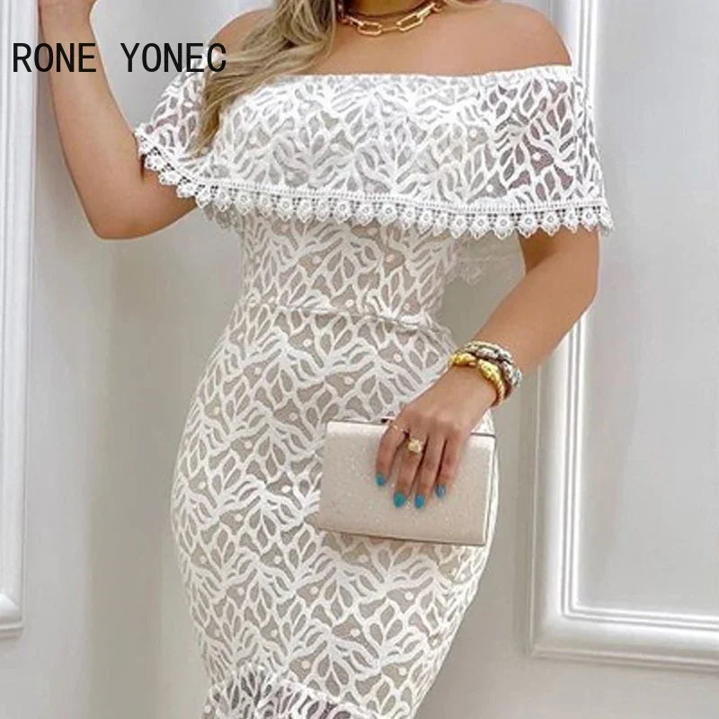 Solid Chic Off Shoulder Ruffle Hem Lace Hem Bodycon Party Dress