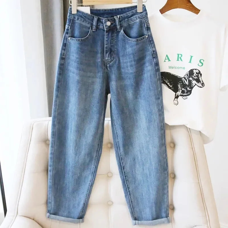 High-Waisted Light Blue Jeans For Women Summer Thin Style Stretchy Fit Pear Shape Body Shaper Dad's Potato Pants