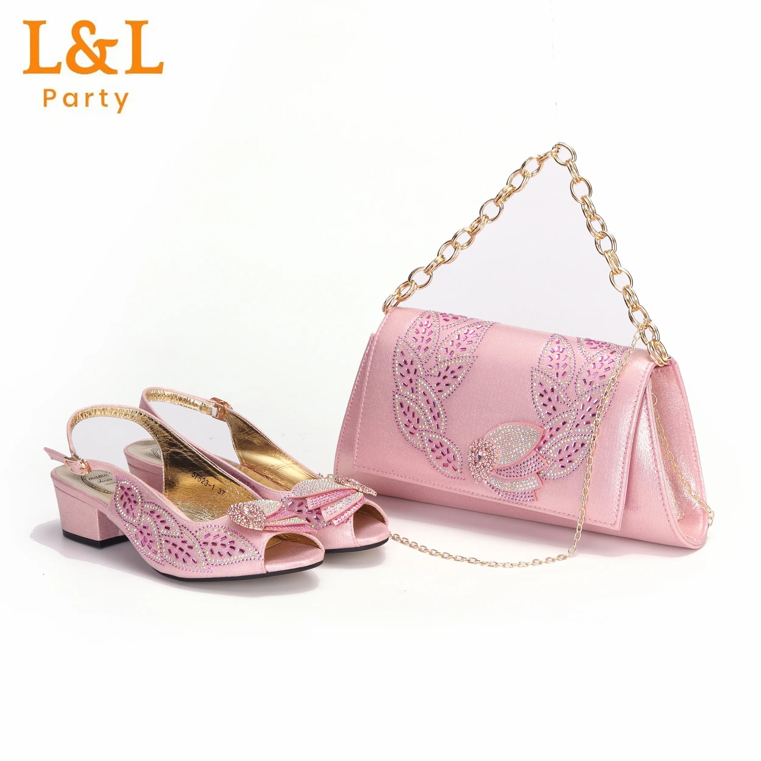 Low Heels Pumps Matching Hand Bag in Champagne Color High Quality for Wedding