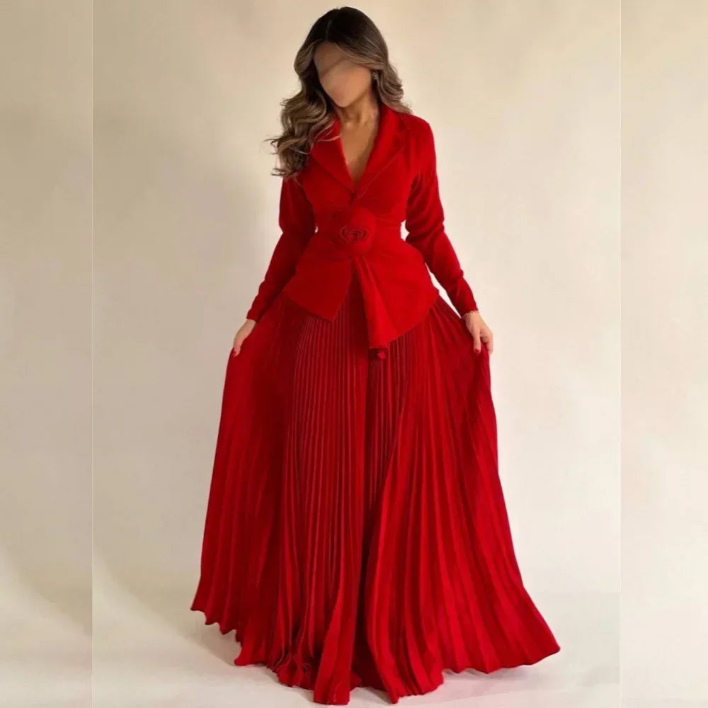 Customized Retro Jersey Pleat Flower A-line V-neck Midi Dresses Prom Dresses Classic Exquisite Modern Style Pastrol Unisex Chine