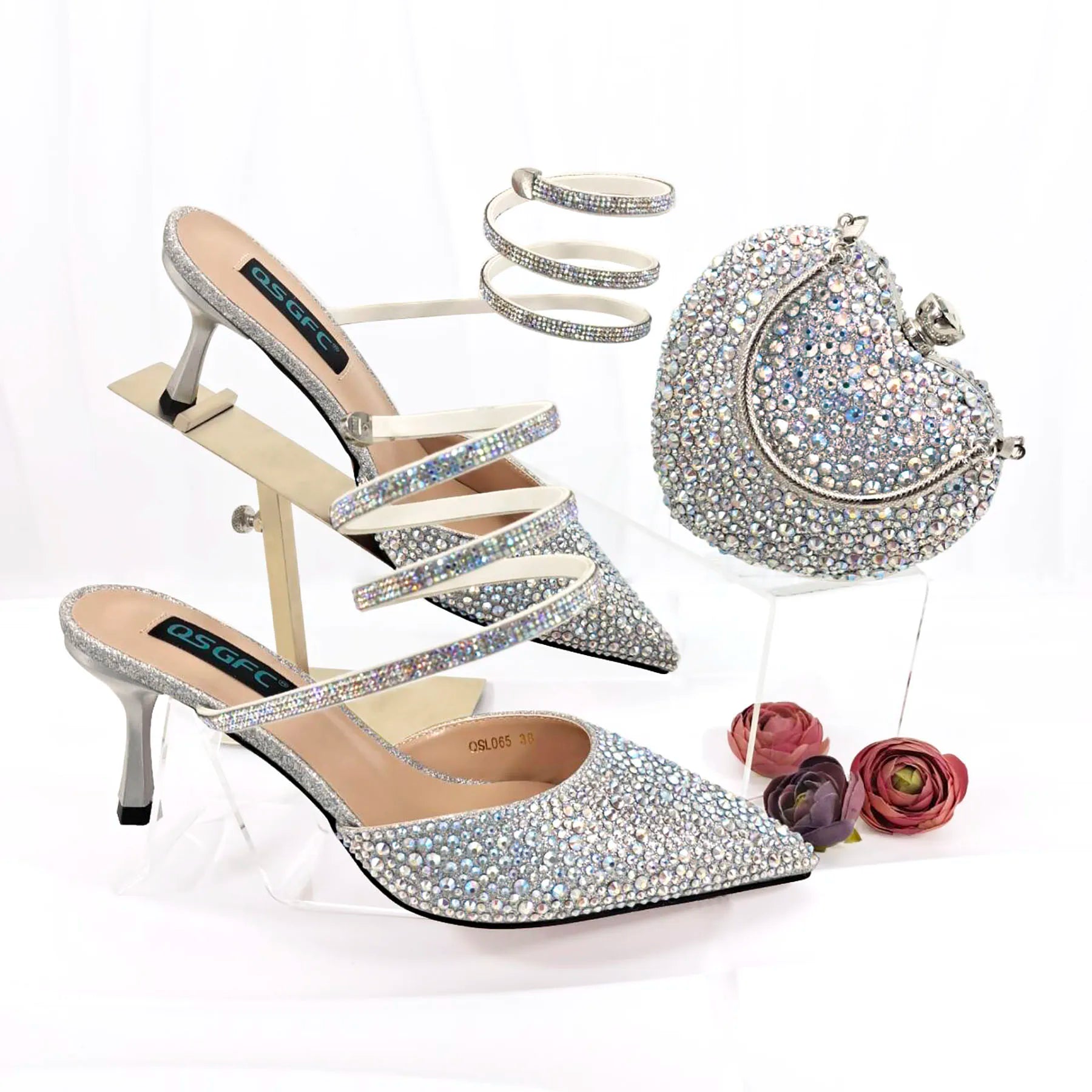 Shoes And Bag Full Diamond Women's Pointed Toe High Heels