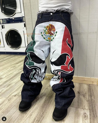 Tide Y2k Jeans Men Women Skull Elements Personalized Straight Pants