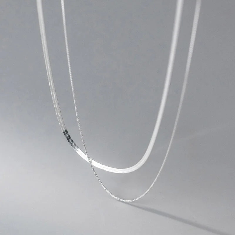 Silver Double Layer Box Chain Snake Clavicle Chain Necklace