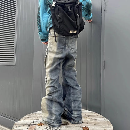 RO Style Gradient Ribbons Multi-pockets Drawstring Jeans for Men