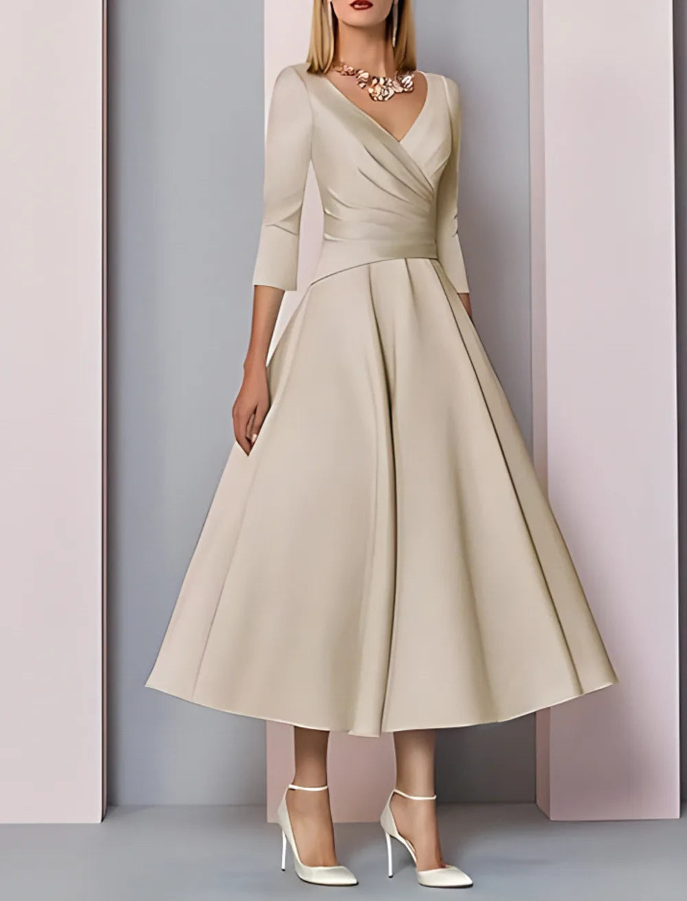 Evening Dress Women Elegant Sexy Satin Deep V-neck 3/4 Sleeves