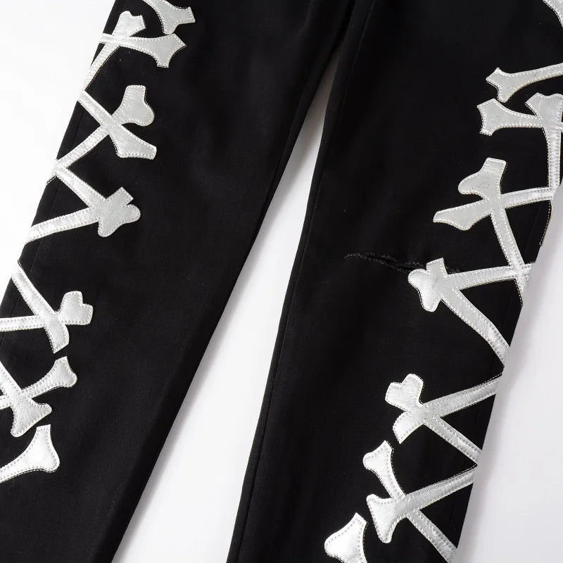 Classical White Bones Patchwork High Street Slim Fit Ripped Jeans
