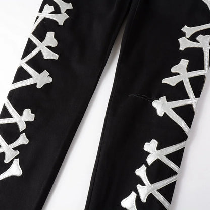 Classical White Bones Patchwork High Street Slim Fit Ripped Jeans