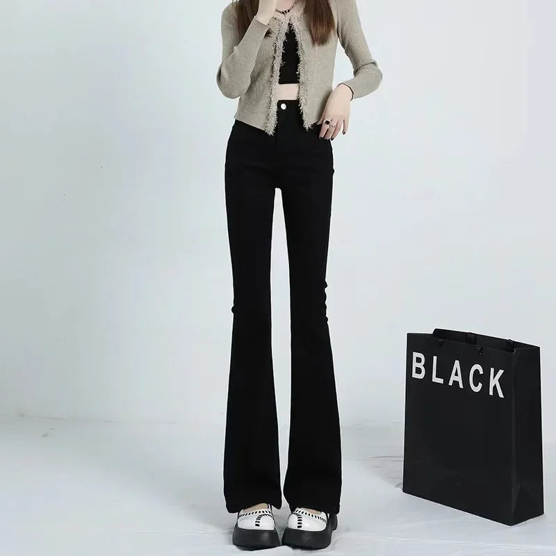 Black High-waisted Slimming Jeans Women's Autumn Winter Petite Bell-bottom Pants Trendy Vintage Horse Leggings Smooth Silhouette