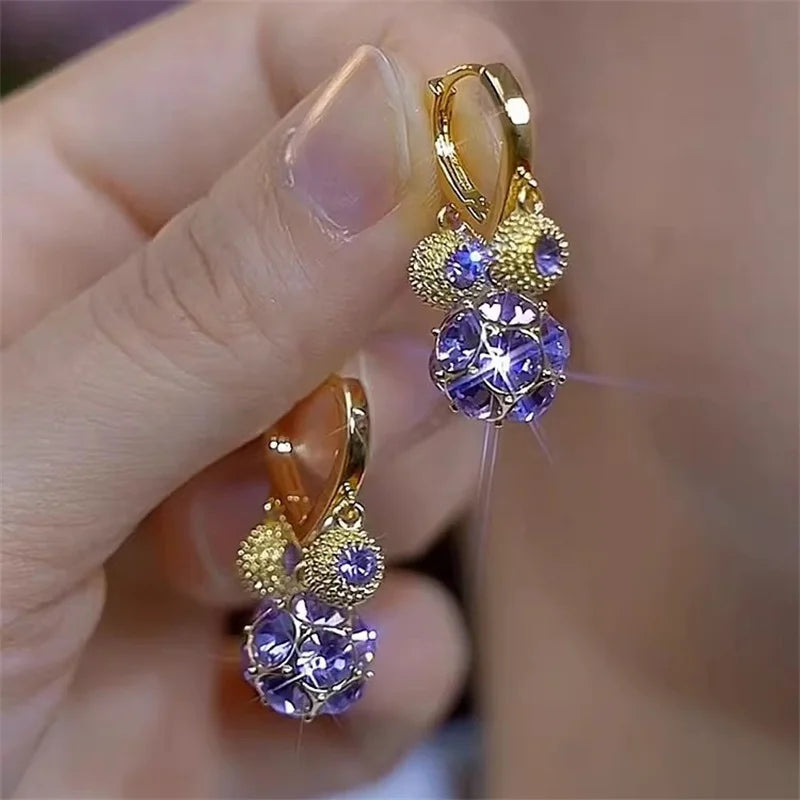 Purple Crystal Zircon Flower Drop Earrings for Women