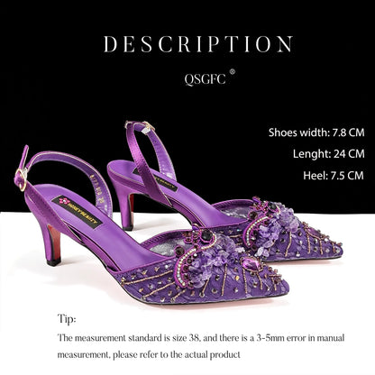 Elegant Women Heels Shoes And Bag Set Rhinestone with Coral Shoes