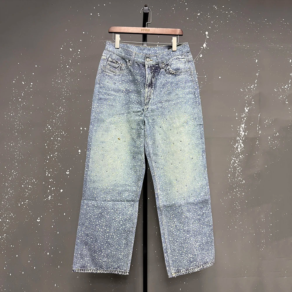 PFNW American Rhinestone Printed Design Vintage Jeans Men's Streetwear Hip Hop Mens Clothing Loose Wide Leg Pants Trendy 28W4644