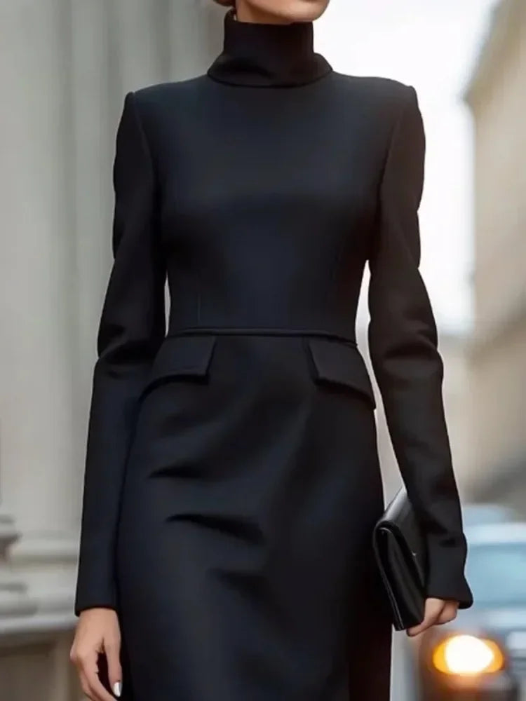 Black Color Asymmetrical High Neck Commute Dress For Women