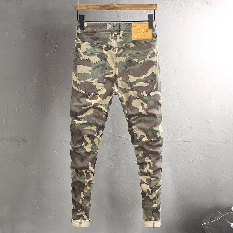 Vintage Men Jeans Camo Trousers Elastic Slim Fit Hip Hop Jeans