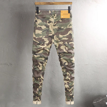 Vintage Men Jeans Camo Trousers Elastic Slim Fit Hip Hop Jeans