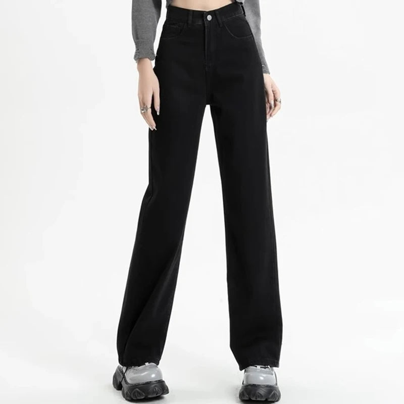 Girls High Waist Wide Leg Jeans Lady High Street Denim Straight Leg Pants Female Retro Blue Light Blue Black Gray Pink Trousers