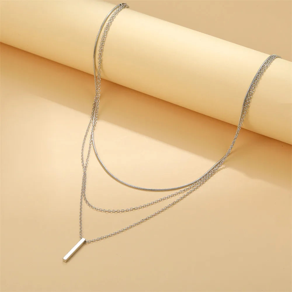 Vintage Layered Metal Bar Pendant Necklace for Women