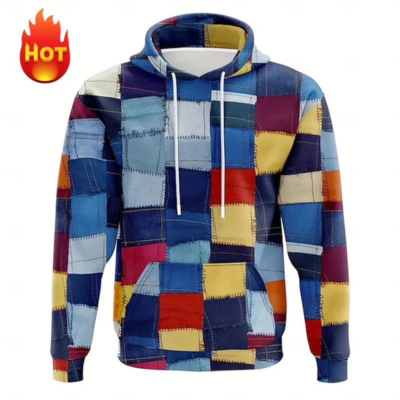 Y2K Men's Hoodie 3d Simulation Stitching Plaid Print Hooded Sweatshirts Pop Men Clothing Oversized Street New Designer Pullovers