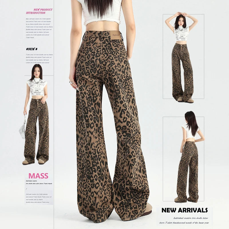 2025 Autumn New American Style High Waist Retro Leopard Print Jeans for Women Straight Loose Wide Leg Floor-Length Pants