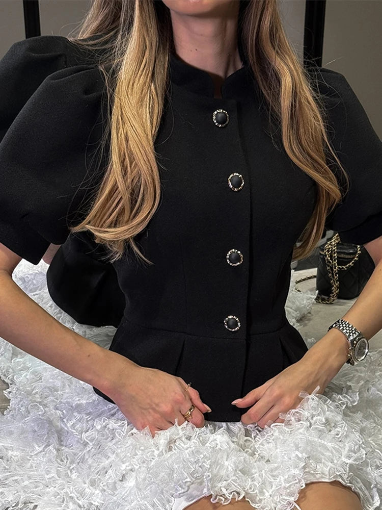 Puff Sleeves Patchwork Lace Dress Woman Single Breasted Waist Cinching Pleat Layer Puffy Mini Dresses Elegant Short Dress Women