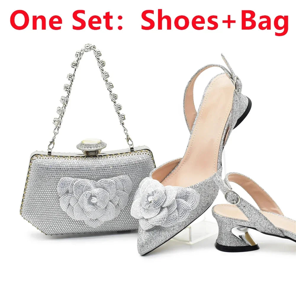 Fashion Shoe and Bag Set for Nigeria Party Italy Luxury Italian Shoes and Bag Set for Women Rhinestone Pumps Women Shoes Luxury