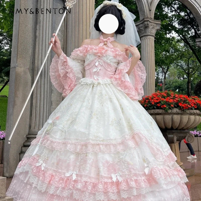 Haute Sense Heavy Industry Lolita Dress Female Sweet Off-Shoulder Lace Stitching Multi-Layer Dresses Birthday Dress for Women