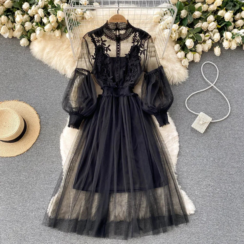 Three-dimensional Flower High Waist Slim Female Dresses